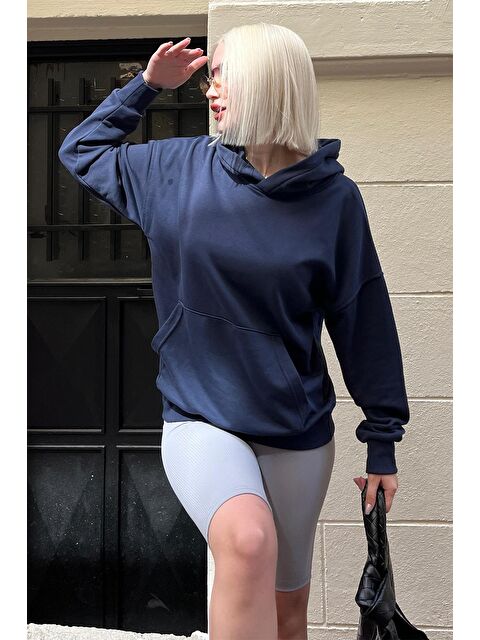 Madmext Lacivert Kapüşonlu Oversize Cepli Sweatshirt Mg2207 - S000286622-21164