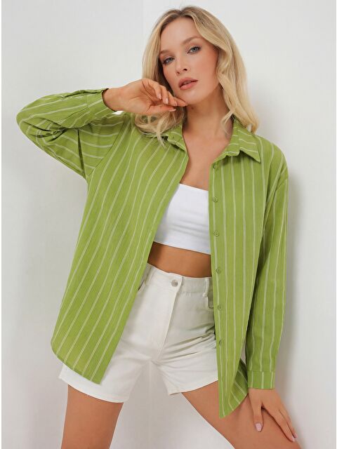 Bigdart Kadın Çizgili Oversize Gömlek 20293 - E.Yeşil - S000386920-37469