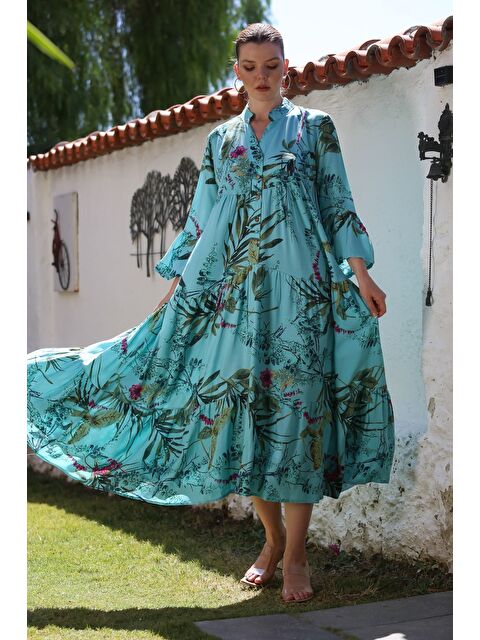 Chiccy Açık Turkuaz Hakim Yaka Fırfırlı Kol Düğmeli Eteği Fırfırlı Allover Baskılı Dokuma Elbise 130 58 - S000416107-20049