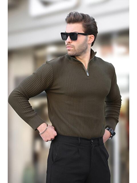 Madmext Haki Polo Yaka Fermuar Detaylı Uzun Kollu Erkek Kazak 7282 - S000298854-18547