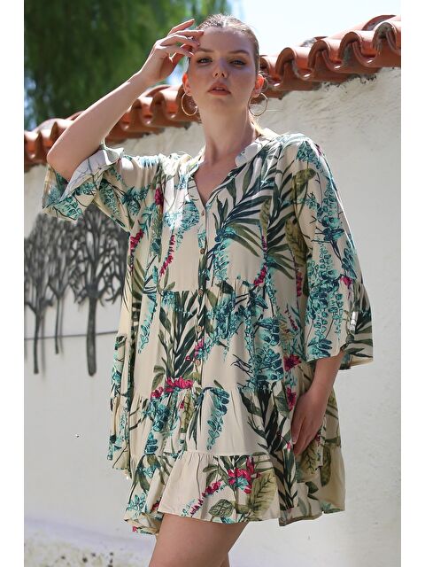 Chiccy Bej Hakim Yaka Volanlı Kol Düğmeli Eteği Fırfırlı Allover Baskılı Casual Dokuma Elbise 90 64 - S000416108-19928