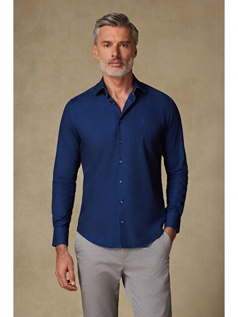 ABBATE Donatello Denim Pamuklu Comfort Fit Koyu Mavi Klasik Yaka Erkek Düz Gömlek - S000437986-19393