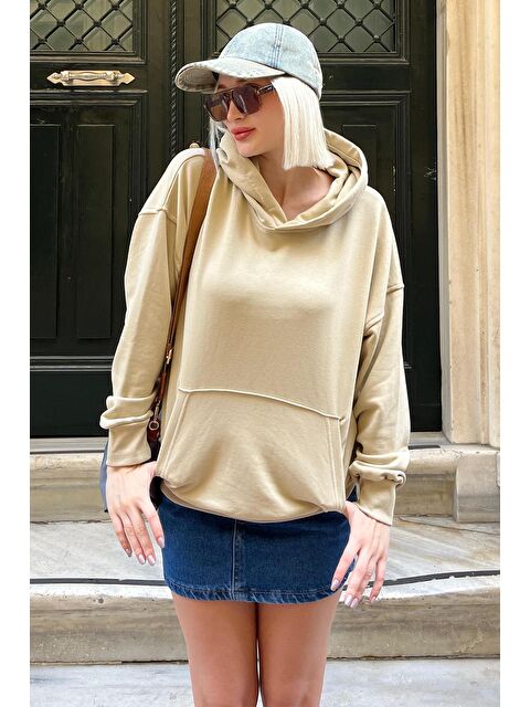 Madmext Bej Kapüşonlu Oversize Cepli Sweatshirt Mg2207 - S000286622-19928