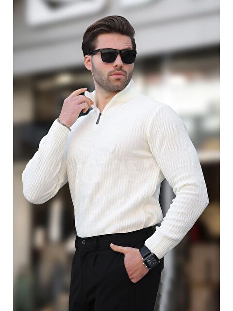 Madmext Ekru Polo Yaka Fermuar Detaylı Uzun Kollu Erkek Kazak 7282 - S000298854-19965