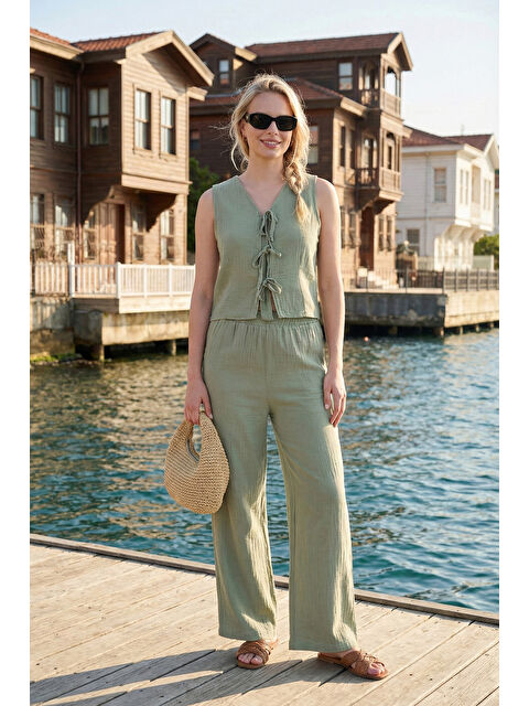 Lela Pamuklu Regular Fit Bağlama Detaylı Alt-Üst Müslin Takım 5866660 - S000526431-18194