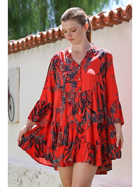 Chiccy Narçiçeği Hakim Yaka Volanlı Kol Düğmeli Eteği Fırfırlı Allover Baskılı Casual Dokuma Elbise 90 64 - S000416108-20048