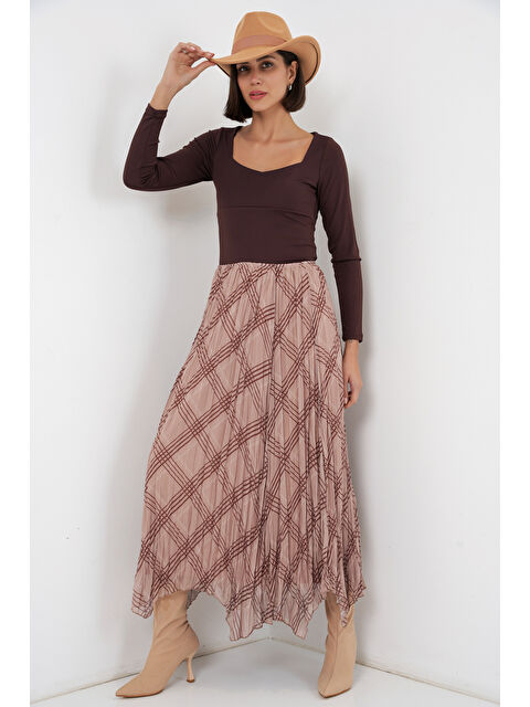 Bigdart Kadın Asimetrik Kesim Şifon Etek 8056 - Vizon - S000523612-26429