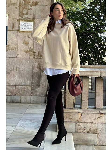 Madmext Bej Bisiklet Yaka Basic Sweatshirt Mg2185 - S000286624-19928