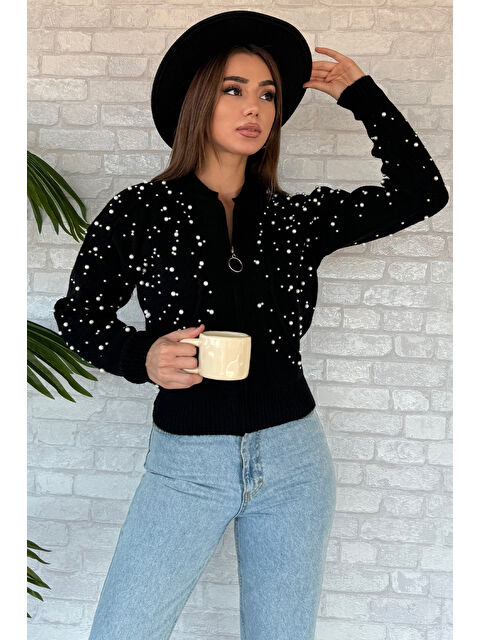 Gülseli Modern Tasarımlı İnci Detaylı Fermuarlı Kadın Hırka - S000300430-19351