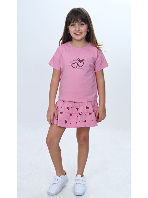 Toontoykids Kız Çocuk 2'li Takım Bisiklet Yaka Kısa Kollu Baskılı Tişört - Beli Lastikli Baskılı Şort Etek 24