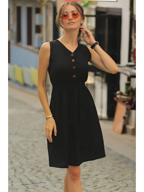 Jane's Kadın V Yakalı önden Düğme Detay Beli Lastikli Keten Kısa Elbise