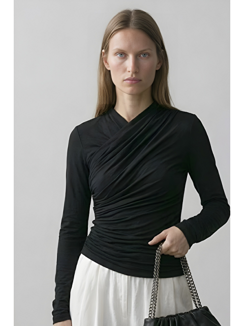 Mevra HELİA | Kruvaze Detaylı Drapeli Bluz Siyah