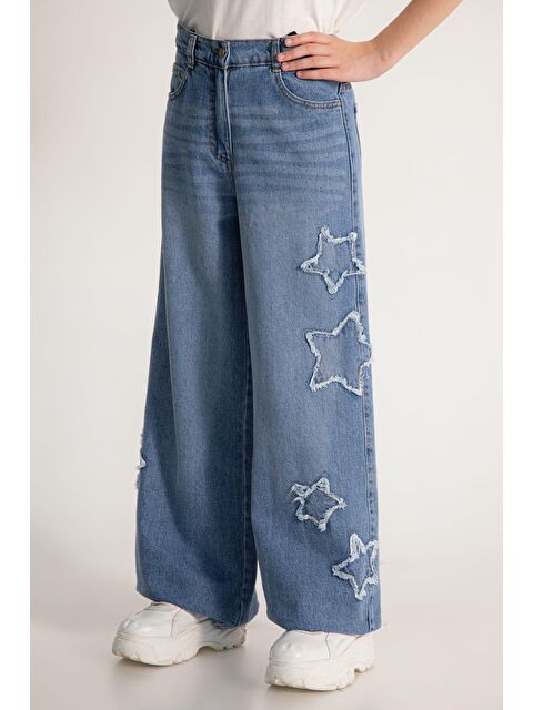 Magu Kız Çocuk Pamuklu Mavi Yıldız Aplikeli Denim Pantolon - S000503348-17234