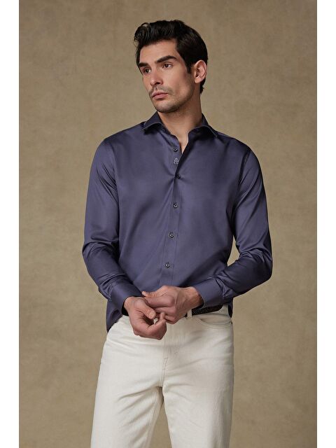 ABBATE Donatello Saten Pamuklu Slim Fit Antrasit Klasik Yaka Erkek Düz Gömlek - S000438008-29666