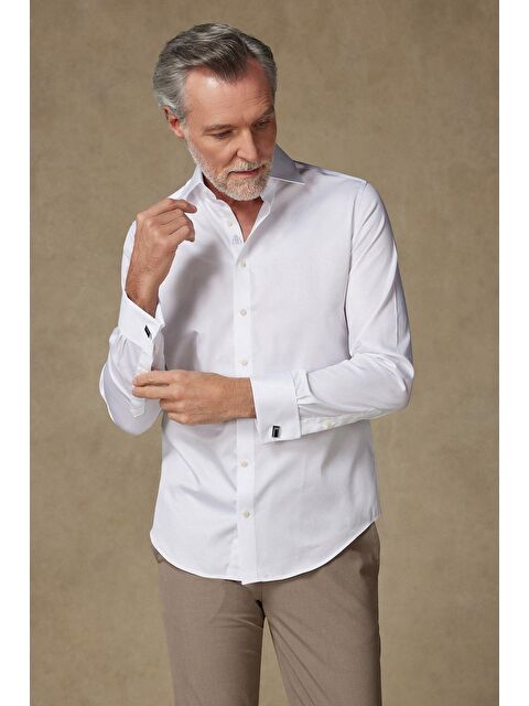 ABBATE Francesco Saten Pamuklu Slim Fit Beyaz Klasik Yaka Erkek Düz Gömlek - S000438009-20063