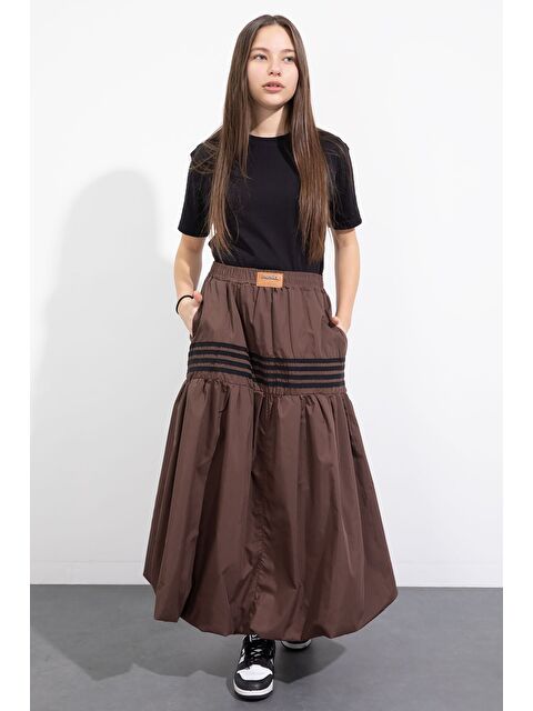 Cansın Mini Kahverengi Şerit Desenli Kız Çocuk Balon Etek 23558 - S000506994-19413