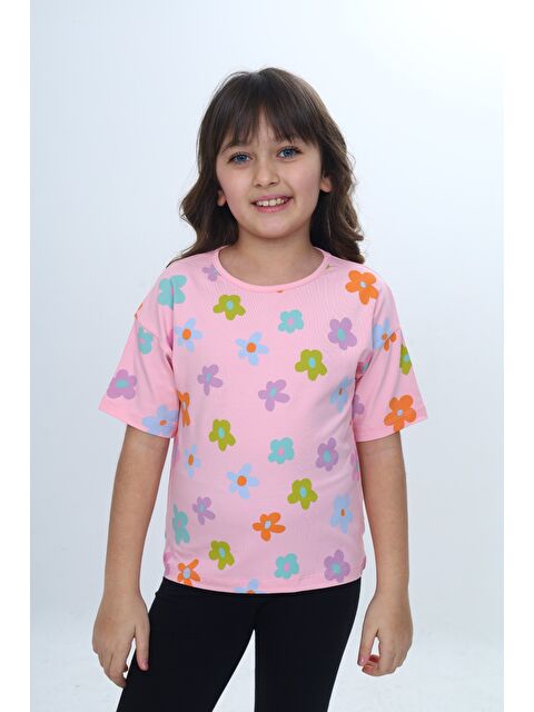 Toontoykids Kız Çocuk Bisiklet Yaka Kısa Kollu Baskılı Tişört 24980