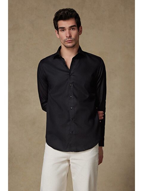 ABBATE Donatello Saten Pamuklu Slim Fit Siyah Klasik Yaka Erkek Düz Gömlek - S000438013-19351
