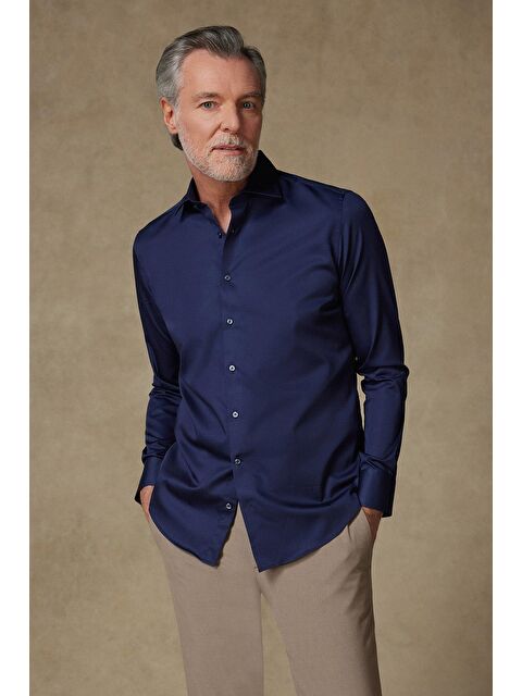 ABBATE Donatello Saten Pamuklu Slim Fit Lacivert Klasik Yaka Erkek Düz Gömlek - S000438012-21164
