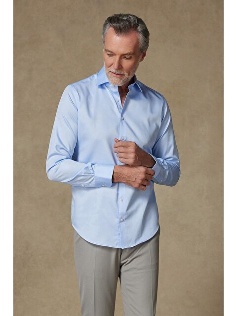 ABBATE Donatello Saten Pamuklu Slim Fit Açık Mavi Klasik Yaka Erkek Düz Gömlek - S000438015-17437