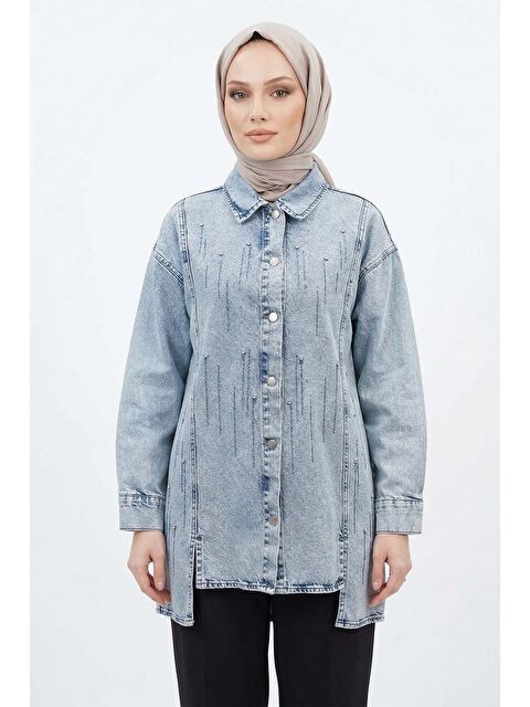 Remsa Taş Detay Denim Kuşaklı ve Önü Düğmeli Jean Ceket 7456 Mavi