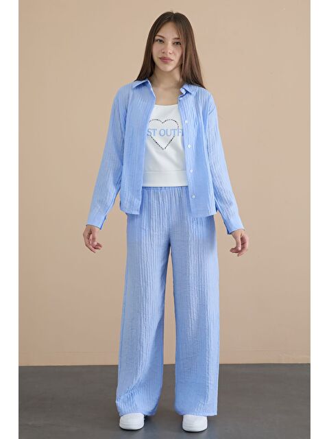 Cansın Mini Mavi Geniş Paça Pantolonlu Gömlekli Kız Çocuk Croplu 3lü Alt Üst Takım 24066