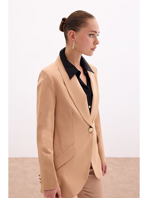 SATEEN Düğme Detaylı Uzun Ceket - Camel - S000323755-4557
