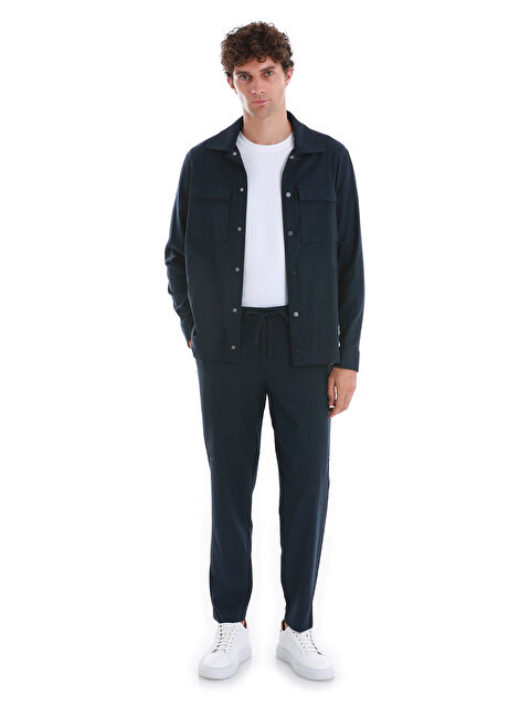 Hatemoğlu Lacivert Slim Fit Düz Mono Yaka Pamuklu Overshirt Takım - S000289400-21164