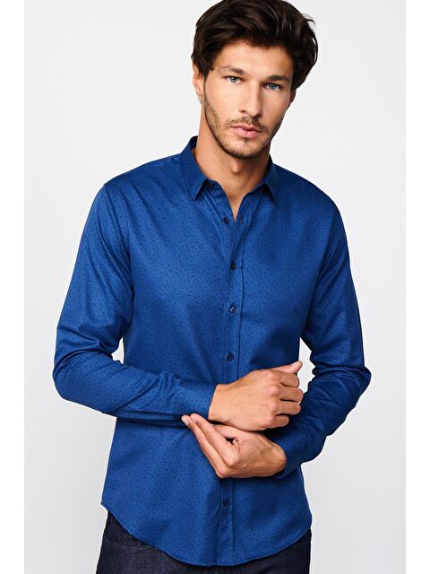 TUDORS Slim Fit Uzun Kollu Dar Kesim Desenli Pamuklu Kolay Ütülenebilir İndigo Erkek Gömlek