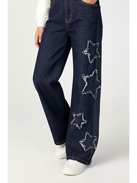 Magu Kız Çocuk Pamuklu Lacivert Yıldız Aplikeli Denim Pantolon - S000503349-21164