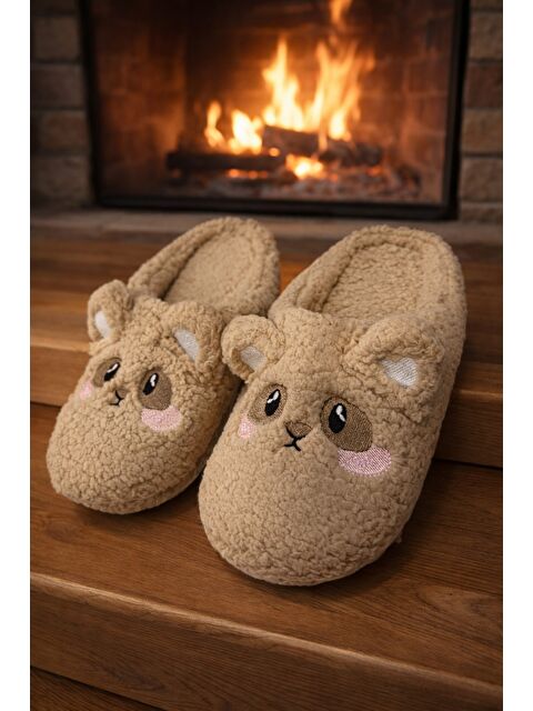 MODAFRATO TEDDY BEAR Kadın Ev Terliği Kışlık Terlik Kauçuk Ses Yapmayan Taban - S000500262-14955