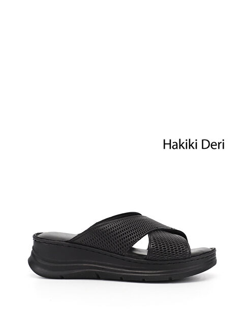 GÖNDERİ(R) Kadın SİYAH Dolgu Taban Hakiki Deri Terlik