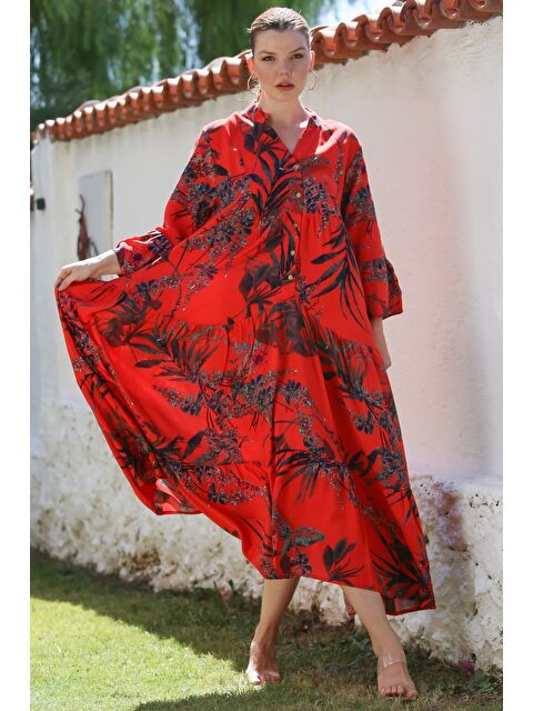 Chiccy Narçiçeği Hakim Yaka Fırfırlı Kol Düğmeli Eteği Fırfırlı Allover Baskılı Dokuma Elbise 130 58 - S000416107-20048