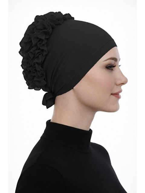 Remsa Tesettür Dikişli Viskon Fırfırlı Bone 03 Siyah