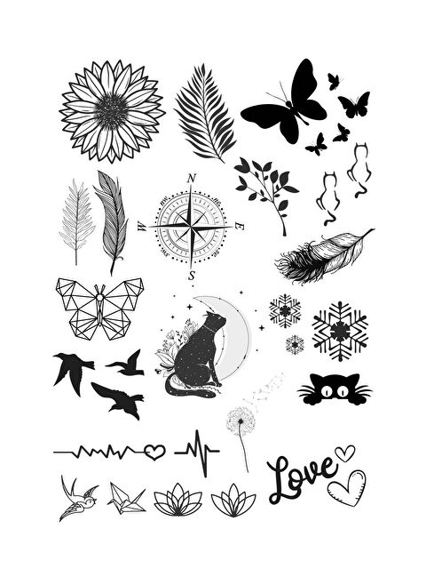 New Obsessions Blackness Kuşlar kelebekler ve Kedi Desenli Geçici Dövme - S000251904-19351