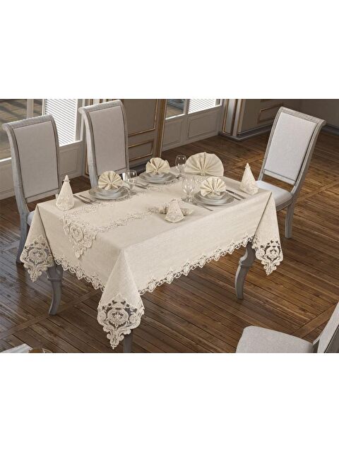 Çeyiz Diyarı Fransız Güpürlü Miray Tek Masa Örtüsü Krem - S000496144-19966