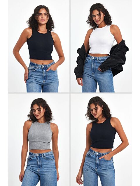 Mmetalic Kadın Siyah-Beyaz-Gri-Lacivert Fitilli Görünümlü Askılı Kalın Esnek Örme 4'lü Basic Crop Atlet Bluz - S000231299-215