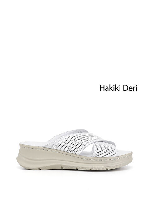 GÖNDERİ(R) Kadın CANLI BEYAZ Dolgu Taban Hakiki Deri Terlik