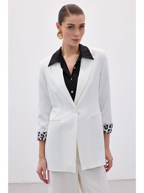 SATEEN Mono Yaka Klasik Ceket - Ekru-Siyah - S000323590-5406