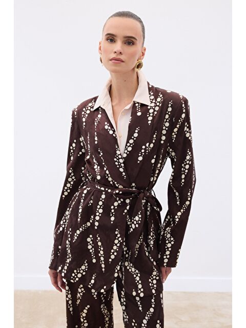 SATEEN Desenli Uzun Ceket - Kahve - S000444786-19413
