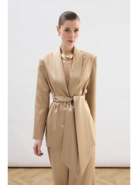 SATEEN Kuşaklı Saten Ceket - Camel - S000506908-4557