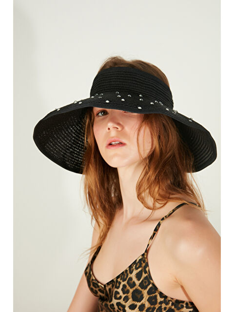 Luminos Butik Siyah Taş Süslemeli Kurdela Detaylı Geniş Hasır Şapka - Plaj ve Güneş İçin Koruma Aksesuarı HSR2091 - S000374953-15542