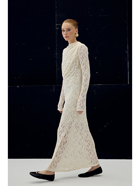 SATEEN Dantel Elbise - Bej - S000516493-19928