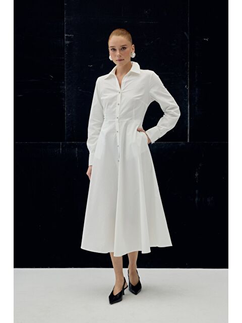 SATEEN Uzun Düğme Detaylı Elbise - Ekru - S000516495-19965