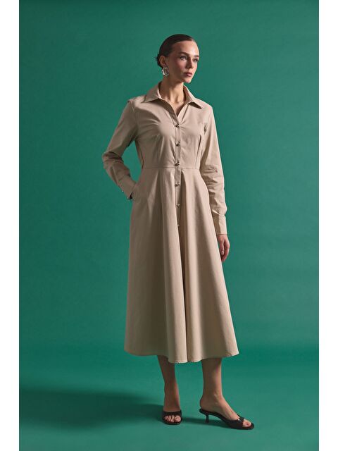 SATEEN Uzun Düğme Detaylı Elbise - Bej - S000516495-19928