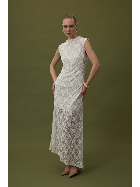 SATEEN Dantel Kolsuz Elbise - Bej - S000521358-19928