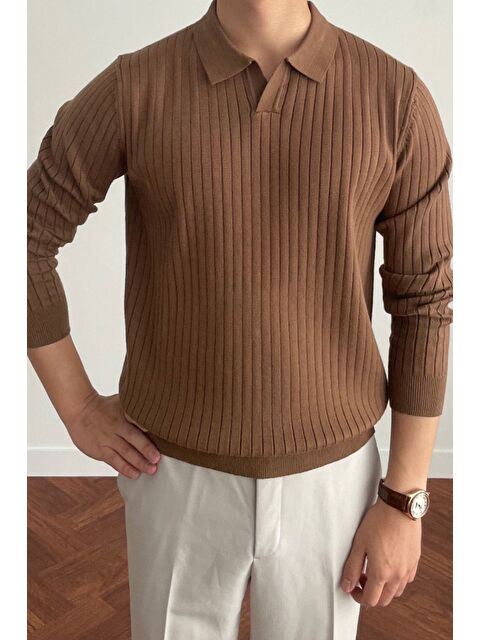 Tarz Cool Erkek Koyu Kahverengi Polo Yaka Fitilli Triko Kazak - S000342087-37323