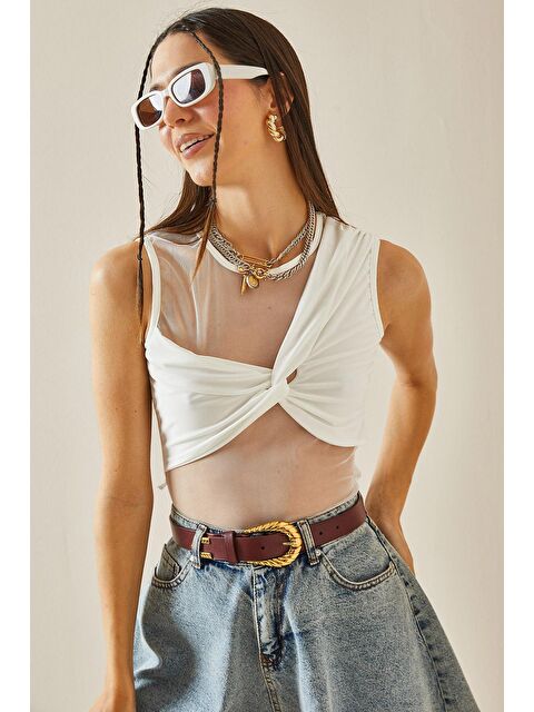 Xhan Beyaz Transparan Detaylı Crop Bluz 5YXK2-48609-01 - S000208180-20063
