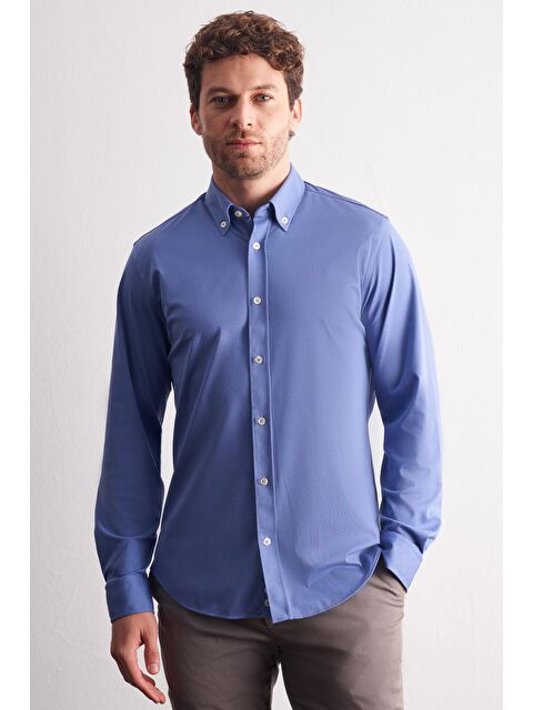 İMZA Koyu Mavi Düğmeli Yaka Örme Uzun Kol Performans Ürün Slim Fit Esnek Gömlek 1004255270 - S000505445-19393