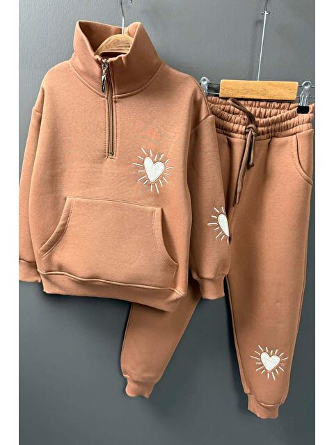 Riccotarz Kız Çocuk Kalp Emoji Baskılı Kanguru Cepli Fermuarlı Sweat Taba Eşofman Takım - S000469652-14955